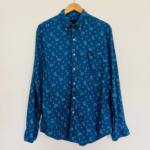 J. Crew Mens Linen Cotton Blue Leafy Button Up Long Sleeve Shirt Size Large NEW - Picture 1 of 8